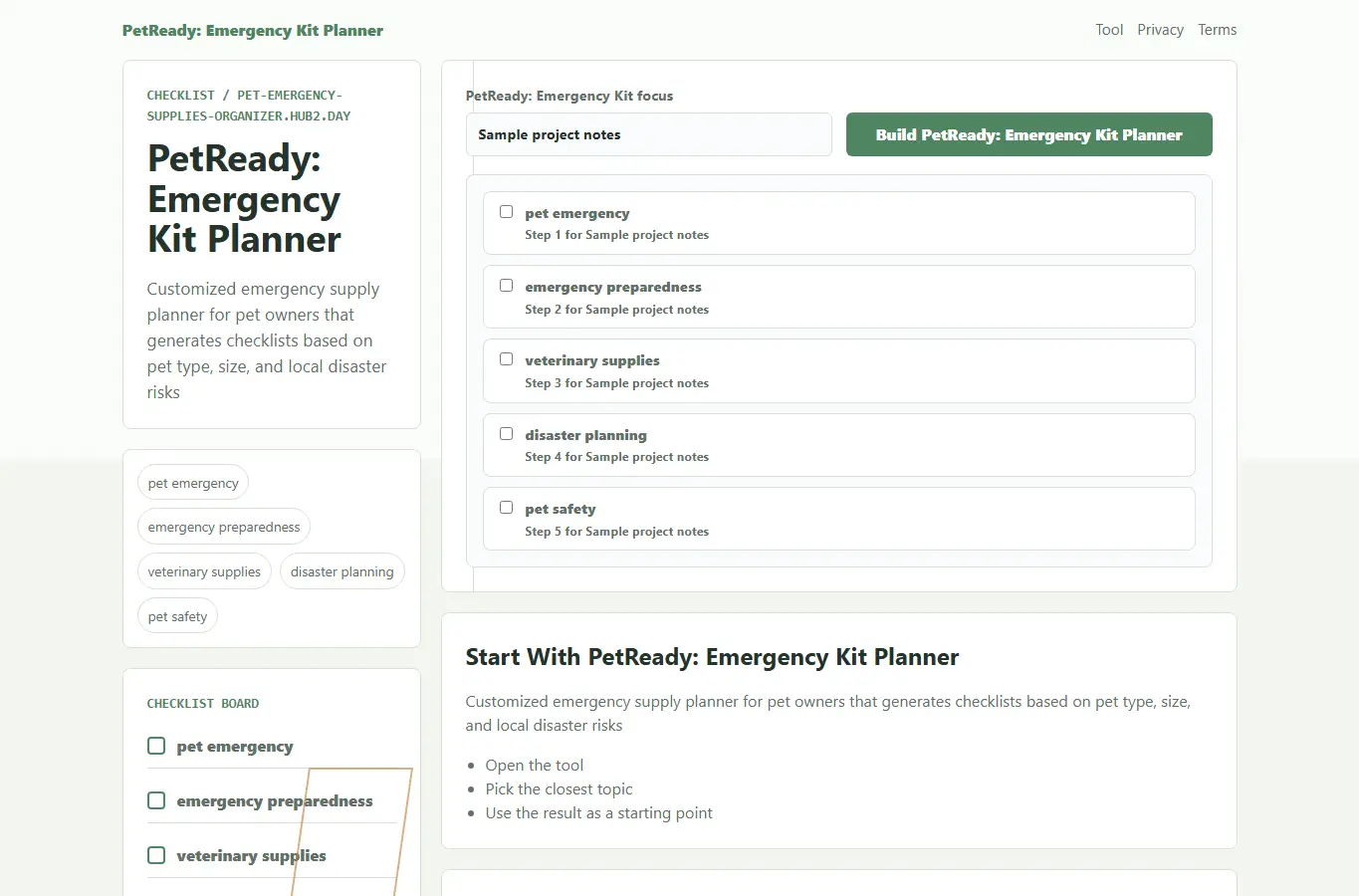 Screenshot of PetReady: Emergency Kit Planner interface showing the project page in use